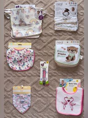 NWT Baby Bibs Bundle - Huge Lot Of Bibs, Pacifier Clip, & Burp Rags, 15 Pieces